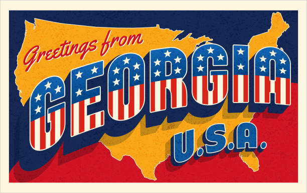 Greetings from Georgia USA. Retro style postcard with patriotic stars and stripes Greetings from Georgia USA. Retro style postcard with patriotic stars and stripes lettering and United States map in the background. Vector illustration. georgia stock illustrations