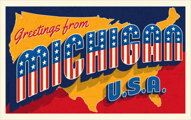 Greetings from Michigan USA. Retro postcard with patriotic stars and stripes Greetings from Michigan USA. Retro postcard with patriotic stars and stripes lettering and United States map in the background. Vector illustration. michigan stock illustrations