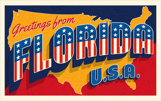 플로리다에서 인사말. 애국적인 별과 줄무늬가있는 복고풍 스타일의 엽서 - florida stock illustrations