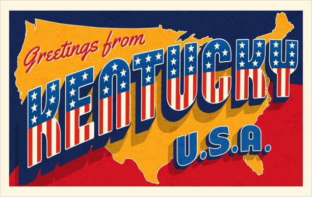 켄터키 미국에서 인사말. 애국적인 별과 줄무늬가있는 복고풍 스타일의 엽서 - postcard scrapbook design pattern stock illustrations