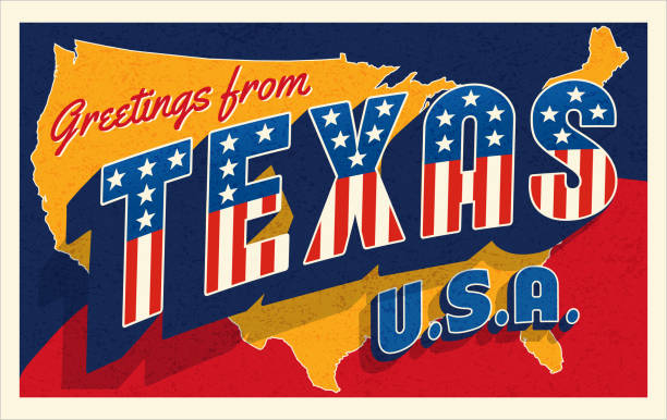 ilustraciones, imágenes clip art, dibujos animados e iconos de stock de saludos desde texas usa. postal retro con estrellas patrióticas y rayas - mapa de los estados unidos y la bandera estadounidense