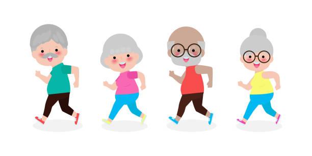 group of cartoon running old woman, man. Cartoon character. Old people activity. Vector gym or outdoor healthy lifestyle. Sport adult old people exercising  on white background Vector Illustration group of cartoon running old woman, man. Cartoon character. Old people activity. Vector gym or outdoor healthy lifestyle. Sport adult old people exercising  on white background Vector Illustration cartoon of the older people exercising gym stock illustrations