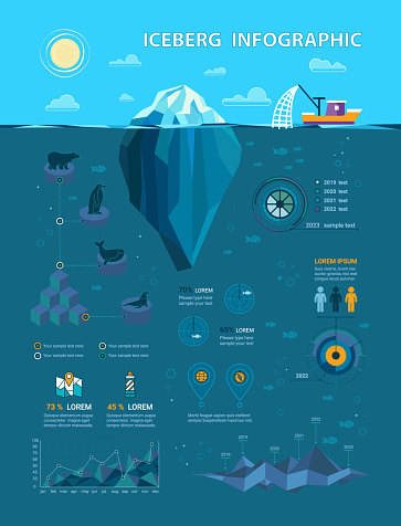 Vector Iceberg Infographics in Flat Style. Included such Elements as Graphics, Icons and more. Underwater Infographics