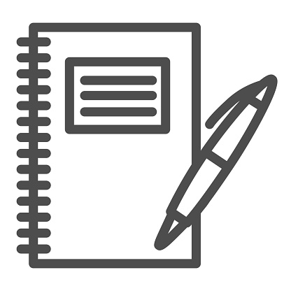 Notebook and pen line icon, school supplies concept, Writing pad with pen sign on white background, writing in note pad symbol in outline style for mobile and web design. Vector graphics