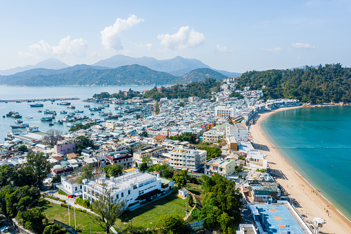 Stunning aerial view of the beach and the town in Cheung Chau island in Hong Kong, China