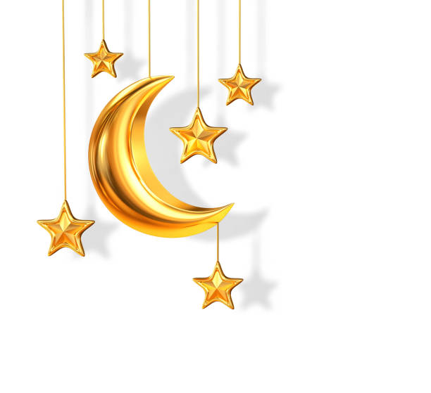 Golden crescent moon and stars isolated on white. 3D rendering with clipping path