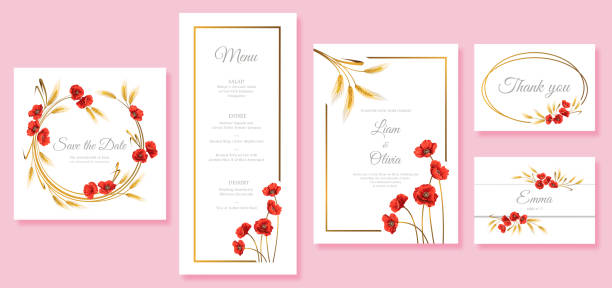 Vector Elegant Wedding Invitation Set Vector Wedding Invitation Set, save the date, thank you, Menu, table number, card design template. Summer flowers. Poppies and Wheat. red poppy stock illustrations
