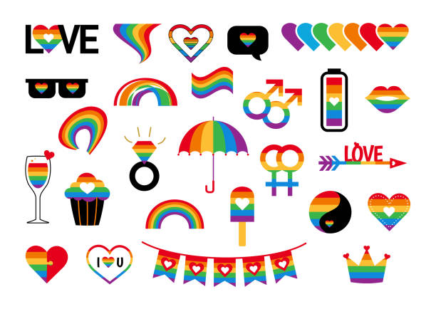 Vector pride symbols set gay LGBT party Vector pride symbols set for LGBT party. Gay and lesbian parade stickers - love; heart; flag in rainbow colors. Homosexual icons and logos. booth photos stock illustrations