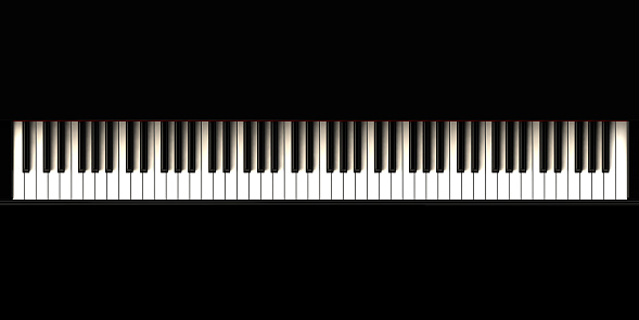 3D rendered image of piano, music instrument. Piano keyboard. Isolated on black background.