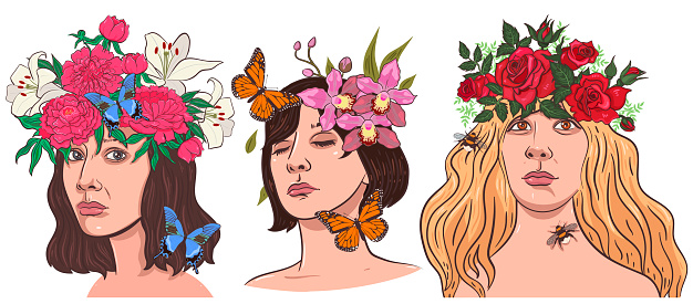 Set of portraits of women with flowers in their hair on a white background. Vector graphics.