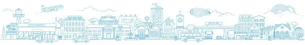 Vector illustration of Thin line style city panorama. Illustration of urban landscape street with cars, skyline city office buildings, on light background. Outline cityscape. Wide horizontal panorama