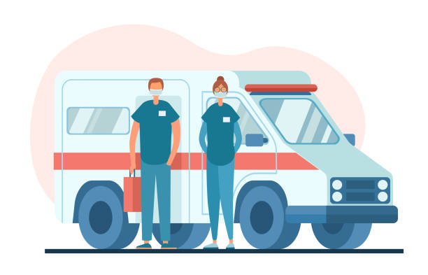 lekarze w maskach stojących w pobliżu ambulansu - practitioners stock illustrations