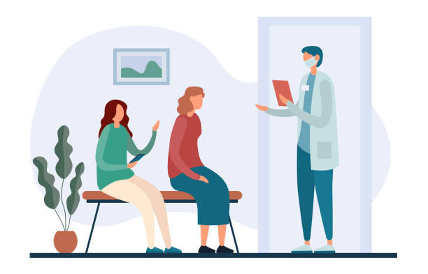Queue near doctor office in modern clinic Medical practitioner in mask calling out name and inviting patient from queue in office while working in contemporary hospital. Flat vector illustration doctor patient stock illustrations