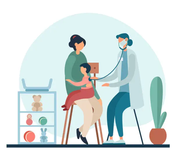 Vector illustration of Mother and son visiting pediatrician in hospital