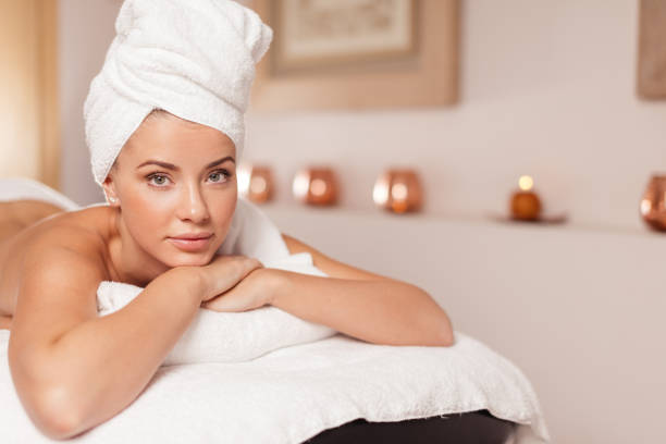 young beautiful woman preparing for procedure at ressort. close up photo. copy space