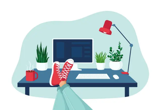 Vector illustration of The concept of remote work from home. Freelance, e-education. Organization of the workplace. Flat vector illustration.