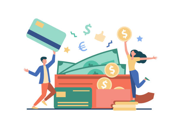 Happy tiny man and woman with big open wallet Happy tiny man and woman with big open wallet flat vector illustration. Isolated young guy holding plastic card and girl with coin. Salary, credit balance and budget concept huge pile of money stock illustrations