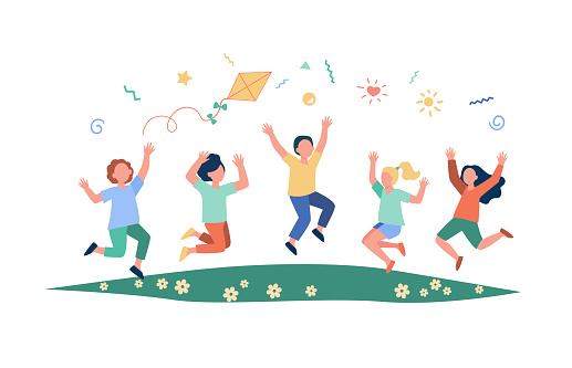 Happy children playing in summer park flat vector illustration. Cartoon cute boys and girls jumping with kite on meadow. Kindergarten and holiday concept