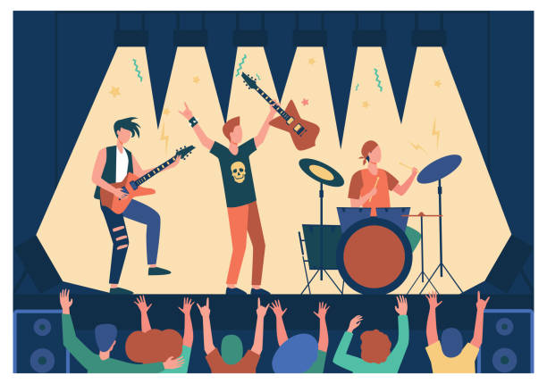 illustrazioni stock, clip art, cartoni animati e icone di tendenza di famosa rock band che suona musica e canta sul palco - concert band