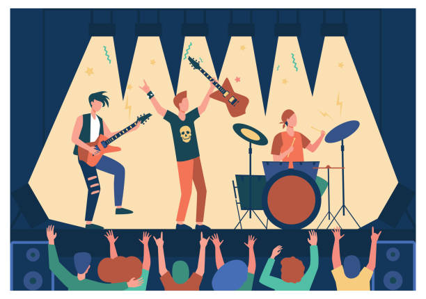 ilustrações, clipart, desenhos animados e ícones de famosa banda de rock tocando música e cantando no palco - guitar musical band popular music concert music