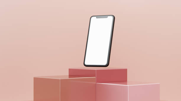 Pedestal display and mobile with blank screen on top. 3D render. Copy space