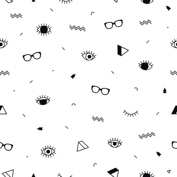 brille nauge nahtlose muster auf weißem hintergrund und geometrische formen in abstraktem stil. brillen. vektor-illustration. mode-hintergrund in minimalem design. - human eye glass eyesight sunglasses stock-grafiken, -clipart, -cartoons und -symbole