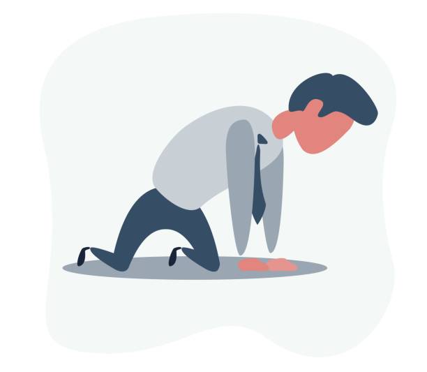 smutny nieszczęśliwy biznesmen kierownik biurowy stojący na kolanach i zdobycz - begging pleading praying business stock illustrations