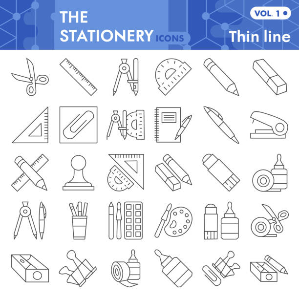 Stationery thin line icon set, School equipment symbols set collection or vector sketches. office tools signs set for computer web, linear pictogram style package isolated on white background, eps 10. Stationery thin line icon set, School equipment symbols set collection or vector sketches. office tools signs set for computer web, linear pictogram style package isolated on white background, eps 10 ruler illustrations stock illustrations