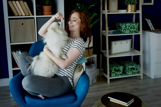 istock Woman playing with her fluffy dog 1225960547