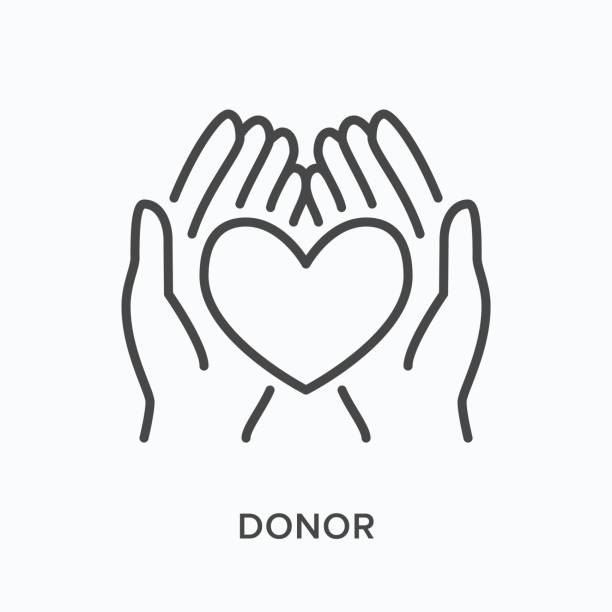 Hands holding human heart flat line icon. Vector outline illustration of organ donor. Cardiology thin linear medical pictogram Hands holding human heart flat line icon. Vector outline illustration of organ donor. Cardiology thin linear medical pictogram. hearts stock illustrations