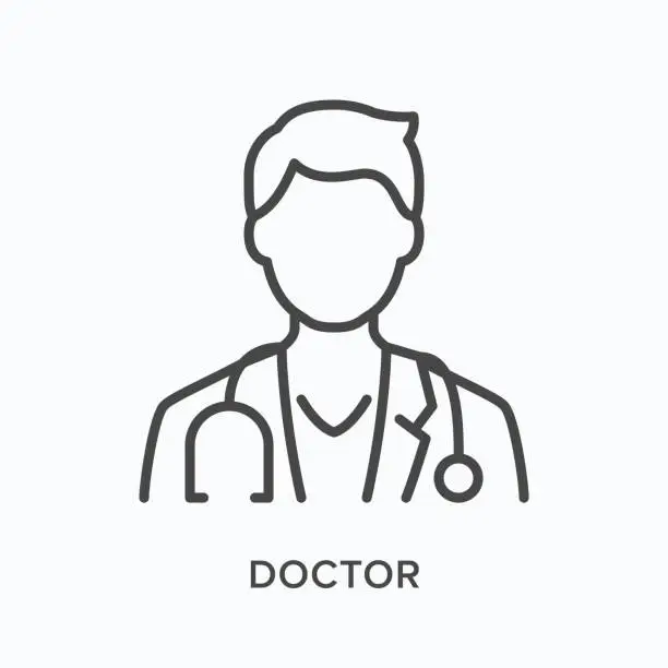 Vector illustration of Doctor flat line icon. Vector outline illustration of male physician in coat with stethoscope. Medic specialist avatar, thin linear medical pictogram