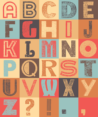 Colorful very wasted sans serif vintage alphabet on a squared grid.
