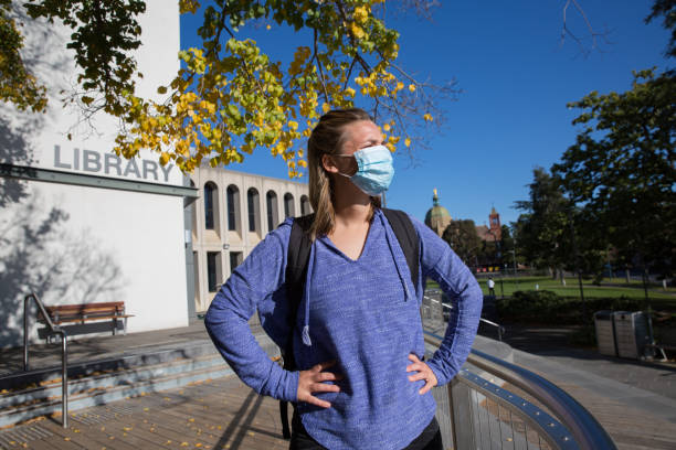 Young Woman Wearing Face Mask Waiting Outside Library