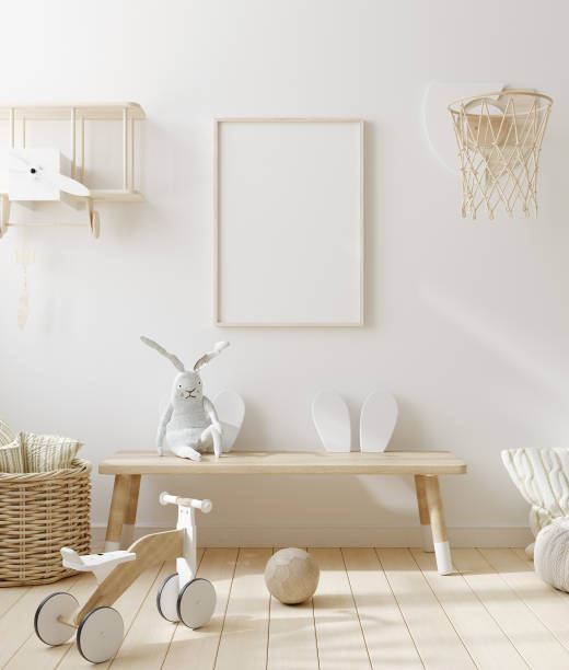 telaio mock up in camera per bambini con mobili in legno naturale, sfondo interno in stile scandinavo - bedroom nursery domestic room playroom foto e immagini stock