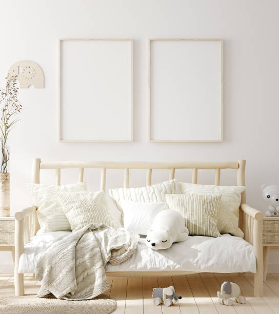 telaio mock up in camera per bambini con mobili in legno naturale, sfondo interno in stile scandinavo - poster bed foto e immagini stock
