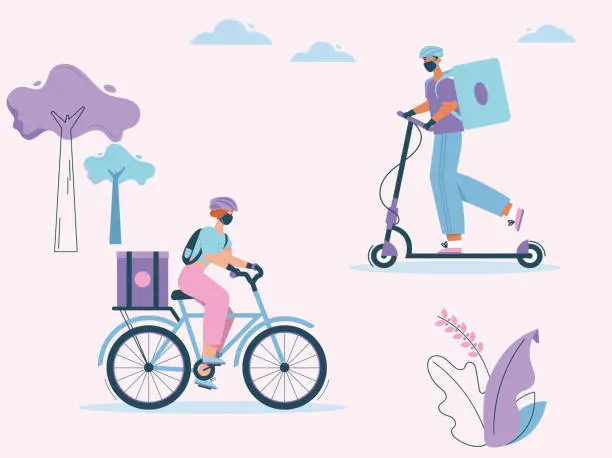 Vector illustration of Woman and man couriers with packages on bicycle or kick scooter