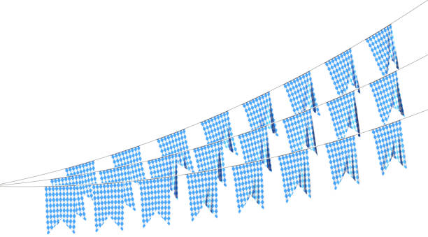 Party flags buntings of Beer Fest festival isolated Party flags of Beer Fest festival buntings garland of Bavarian checkered blue flag with blue-white checkered pattern, traditional Beer Fest festival decorations isolated, 3D illustration bavarian flag stock pictures, royalty-free photos & images