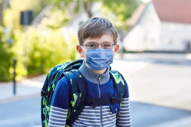 Happy little kid boy with glasses, medical mask and backpack or satchel. Schoolkid on way to school. Healthy adorable child outdoors. Back to school after quarantine time from corona pandemic disease.