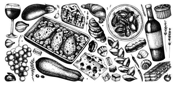 kuchnia francuska - kolekcja żywności i napojów - food and drink croissant french culture bakery stock illustrations