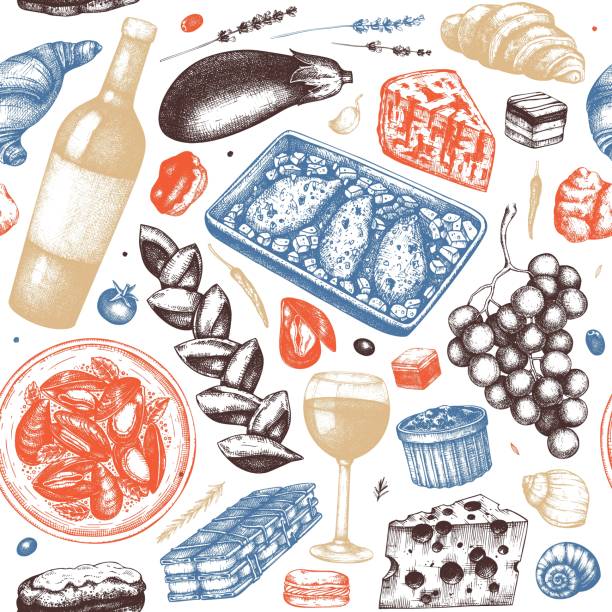 kuchnia francuska bez szwu wzór - food and drink croissant french culture bakery stock illustrations