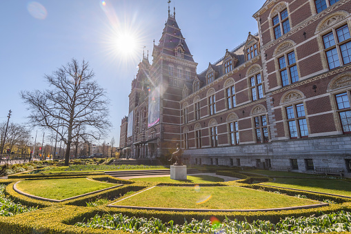 Garden in front of the Rijksmuseum in Amsterdam during a quiet springtime morning in the Capitol of The Netherlands.