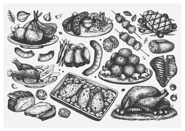 illustrations, cliparts, dessins animés et icônes de ensemble de plats de viande dessinés à la main - butchers shop meatball raw beef
