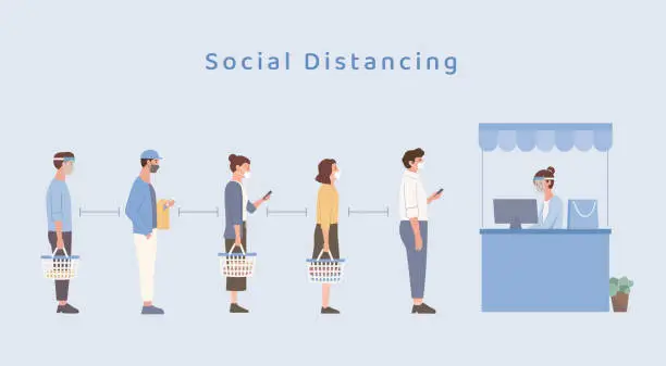 Vector illustration of People wearing a mask doing social distancing while standing in queue in the Shopping center. Holding a shopping basket and waiting for payment to buy clothing. The new normal.