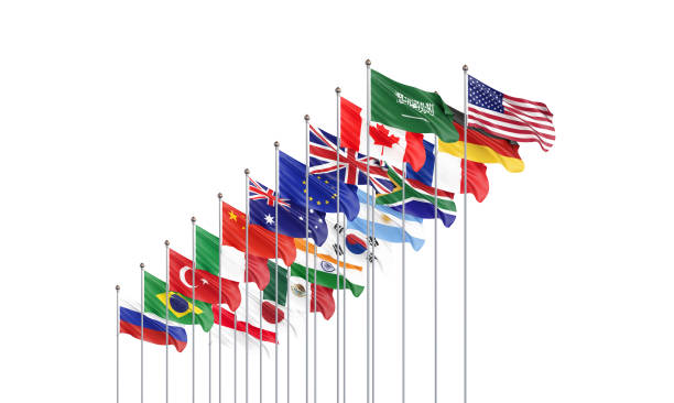 machając flagami krajów członków grupy dwudziestu. big g20 21â22 listopada 2020 r. w stolicy rijadu, arabia saudyjska. izolowane na białym. renderowanie 3d.  ilustracja. - saudi arabia argentina zdjęcia i obrazy z banku zdjęć