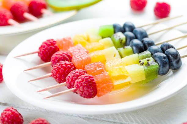istock Fruit kebab on a white plate close-up 1225968478