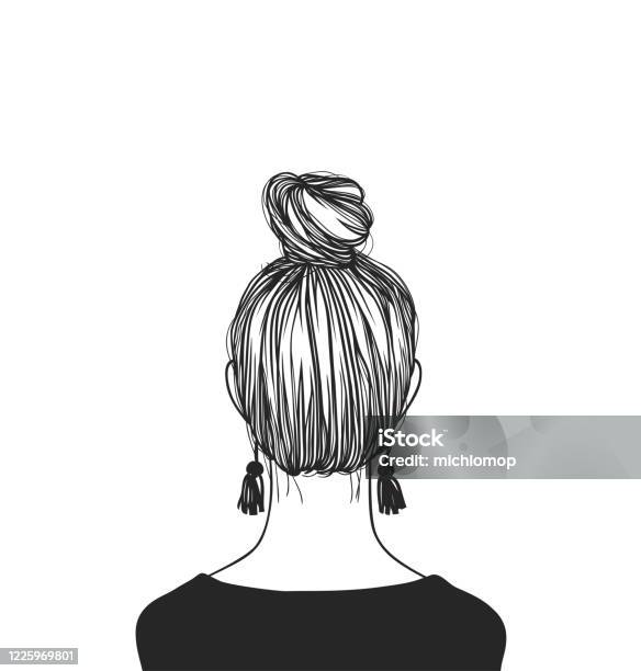 Hand Drawn Portrait Stylish Woman Beautiful Fashion Illustration Back View  Doodle Vector Pattern Attractive Teenager Girl With Bun Hairstyle Stock  Illustration - Download Image Now - iStock