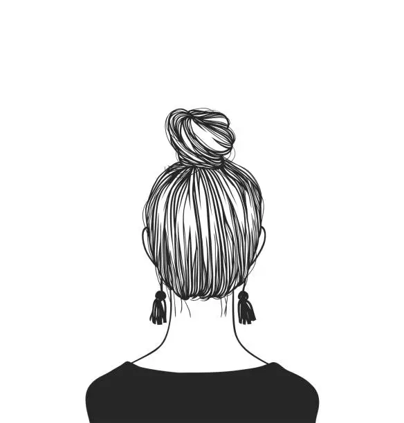Vector illustration of Hand Drawn portrait Stylish Woman. Beautiful Fashion Illustration back view. Doodle Vector pattern attractive Teenager Girl with bun hairstyle