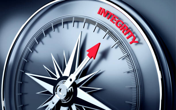 Integrity Text is Pointing By A 3D Compass Needle Integrity text is in focus on three dimensional realistic compass's needle. High quality image is ready to crop all your social media sizes with copy space. simple living stock pictures, royalty-free photos & images