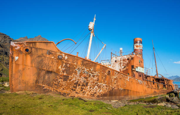 istock Rusty old whaler beached beside wooden dock 1225971379