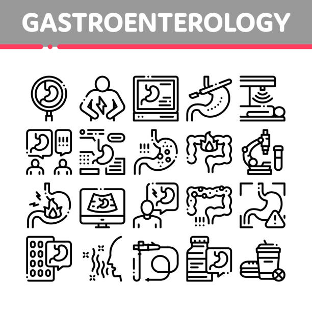 gastroenterologie und hepatologie icons set vector - alimentary stock-grafiken, -clipart, -cartoons und -symbole